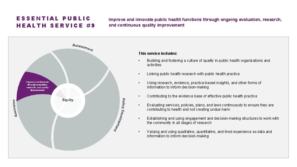 ESSENTIAL PUBLIC HEALTH SERVICE #9 Improve and innovate public health functions through ongoing evaluation,