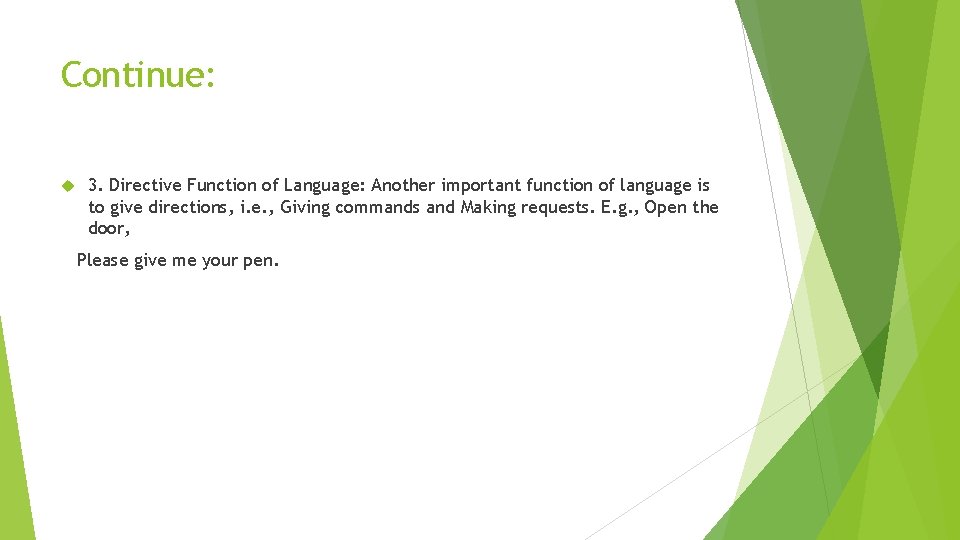 Continue: 3. Directive Function of Language: Another important function of language is to give