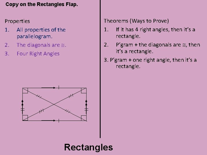 Copy on the Rectangles Flap. Properties 1. All properties of the parallelogram. 2. The