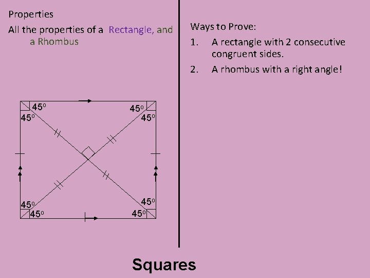 Properties All the properties of a Rectangle, and a Rhombus 45 o 45 o