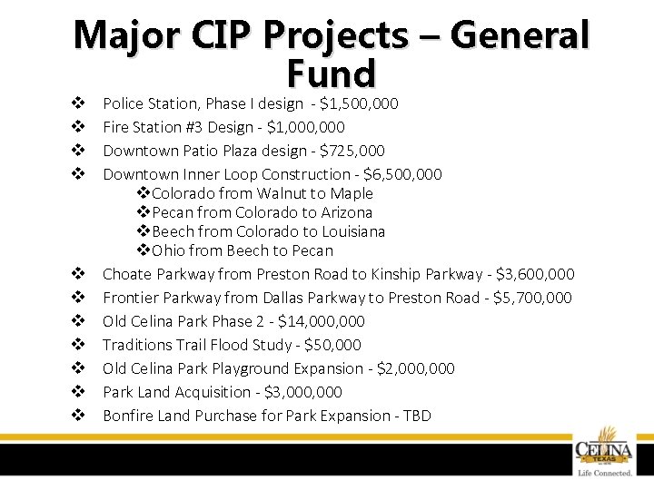 Major CIP Projects – General Fund v v v Police Station, Phase I design