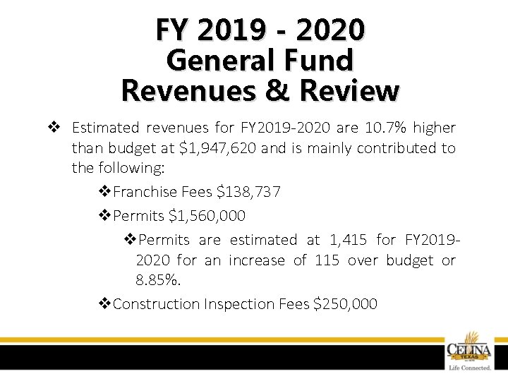 FY 2019 - 2020 General Fund Revenues & Review v Estimated revenues for FY