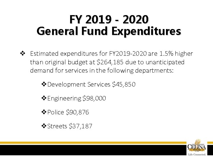 FY 2019 - 2020 General Fund Expenditures v Estimated expenditures for FY 2019 -2020