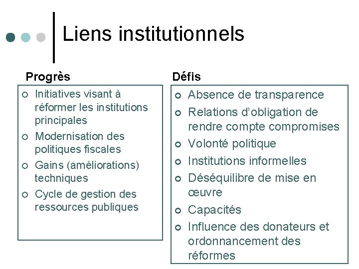  Liens institutionnels Progrès ¢ ¢ Initiatives visant à réformer les institutions principales Modernisation