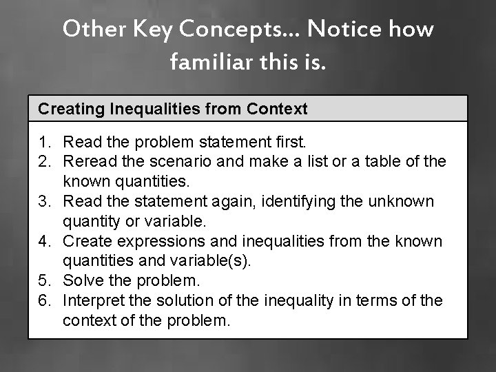 Other Key Concepts… Notice how familiar this is. Creating Inequalities from Context 1. Read