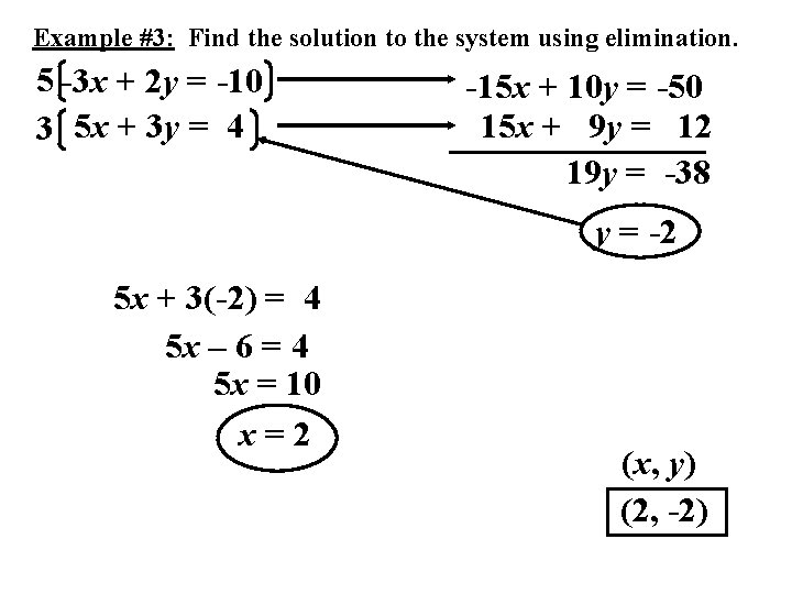 Example #3: Find the solution to the system using elimination. 5 -3 x +