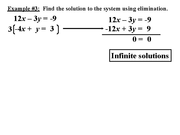 Example #3: Find the solution to the system using elimination. 12 x – 3