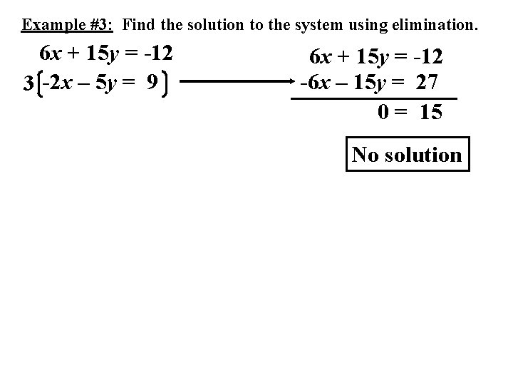 Example #3: Find the solution to the system using elimination. 6 x + 15