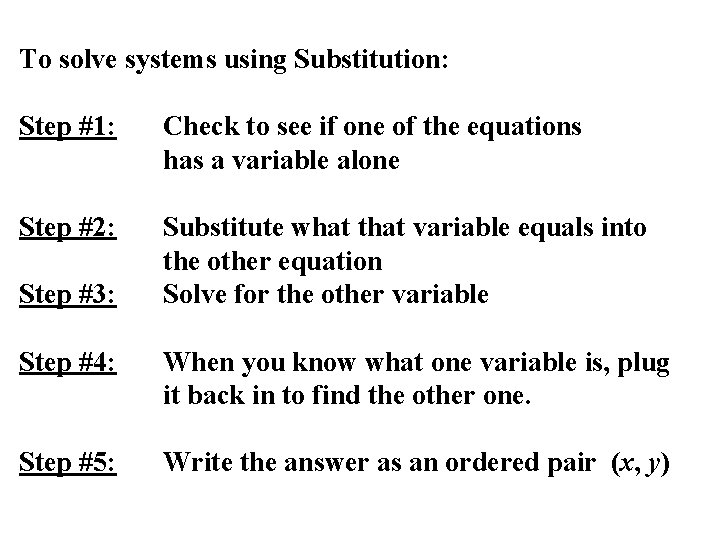 To solve systems using Substitution: Step #1: Check to see if one of the