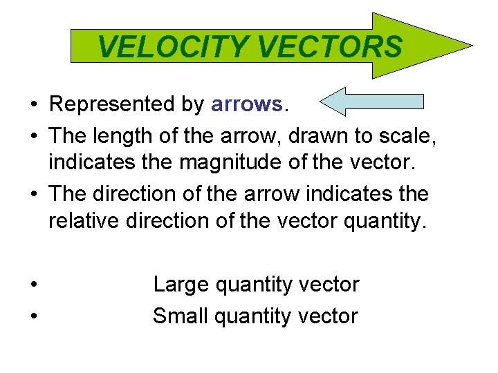 VELOCITY VECTORS • Represented by arrows. • The length of the arrow, drawn to
