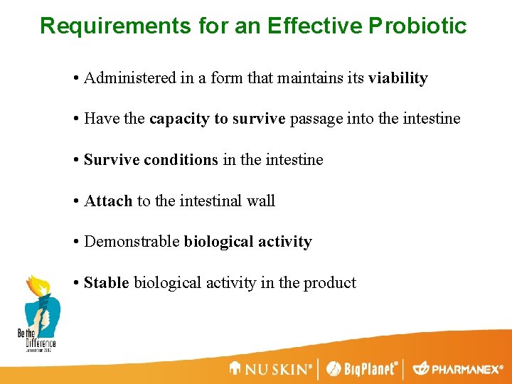 Requirements for an Effective Probiotic • Administered in a form that maintains its viability