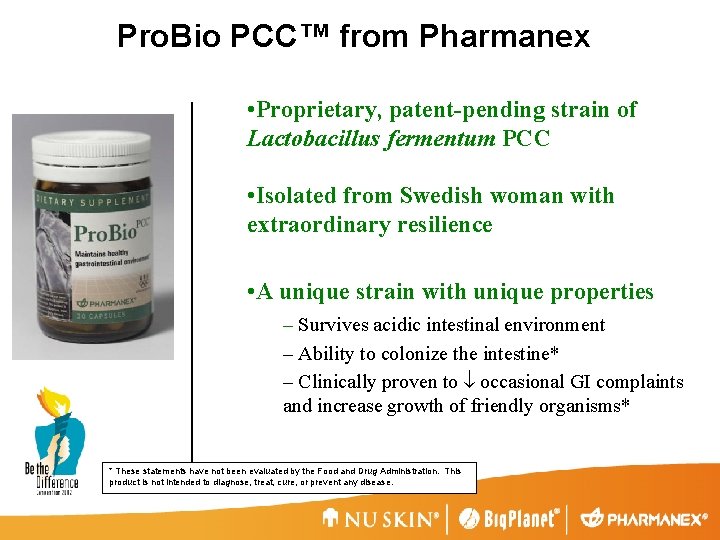 Pro. Bio PCC™ from Pharmanex • Proprietary, patent-pending strain of Lactobacillus fermentum PCC •