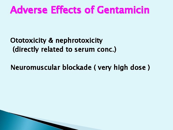 Adverse Effects of Gentamicin Ototoxicity & nephrotoxicity (directly related to serum conc. ) Neuromuscular Adverse Effects of Gentamicin Ototoxicity & nephrotoxicity (directly related to serum conc. ) Neuromuscular