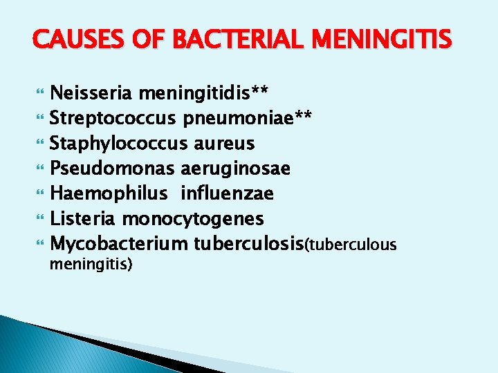 CAUSES OF BACTERIAL MENINGITIS Neisseria meningitidis** Streptococcus pneumoniae** Staphylococcus aureus Pseudomonas aeruginosae Haemophilus influenzae CAUSES OF BACTERIAL MENINGITIS Neisseria meningitidis** Streptococcus pneumoniae** Staphylococcus aureus Pseudomonas aeruginosae Haemophilus influenzae