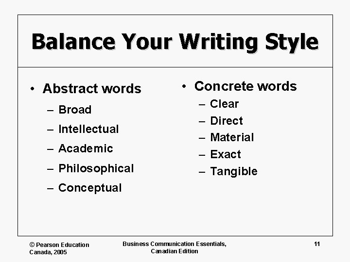 Balance Your Writing Style • Abstract words – Broad – Intellectual – Academic –