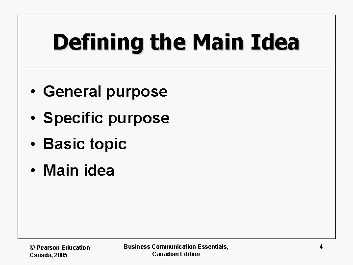 Defining the Main Idea • General purpose • Specific purpose • Basic topic •