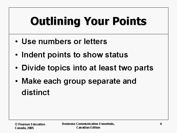 Outlining Your Points • Use numbers or letters • Indent points to show status