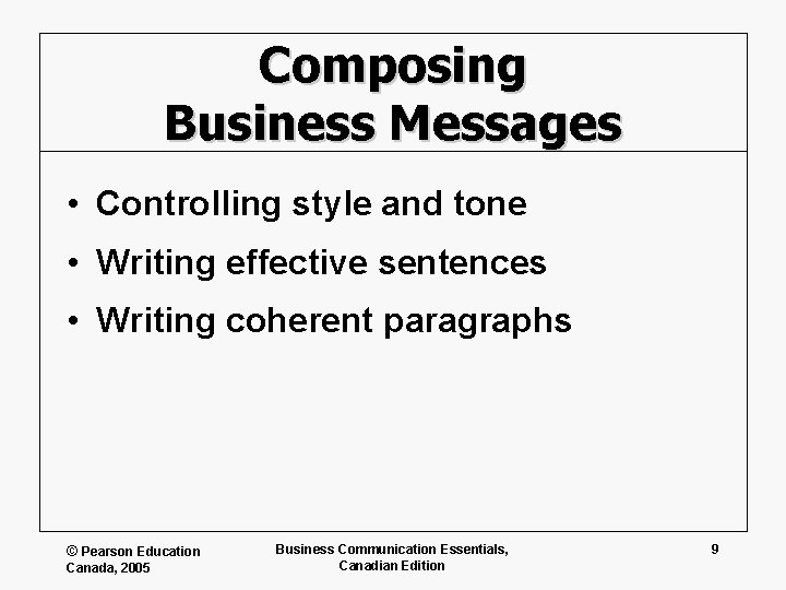 Composing Business Messages • Controlling style and tone • Writing effective sentences • Writing