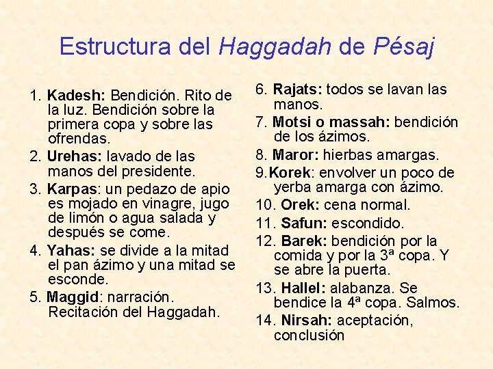 Estructura del Haggadah de Pésaj 1. Kadesh: Bendición. Rito de la luz. Bendición sobre