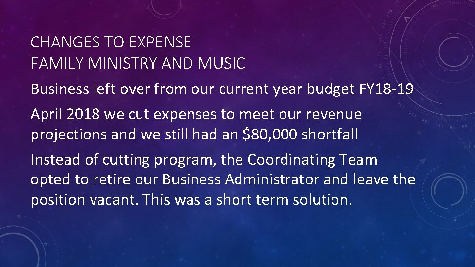 CHANGES TO EXPENSE FAMILY MINISTRY AND MUSIC Business left over from our current year