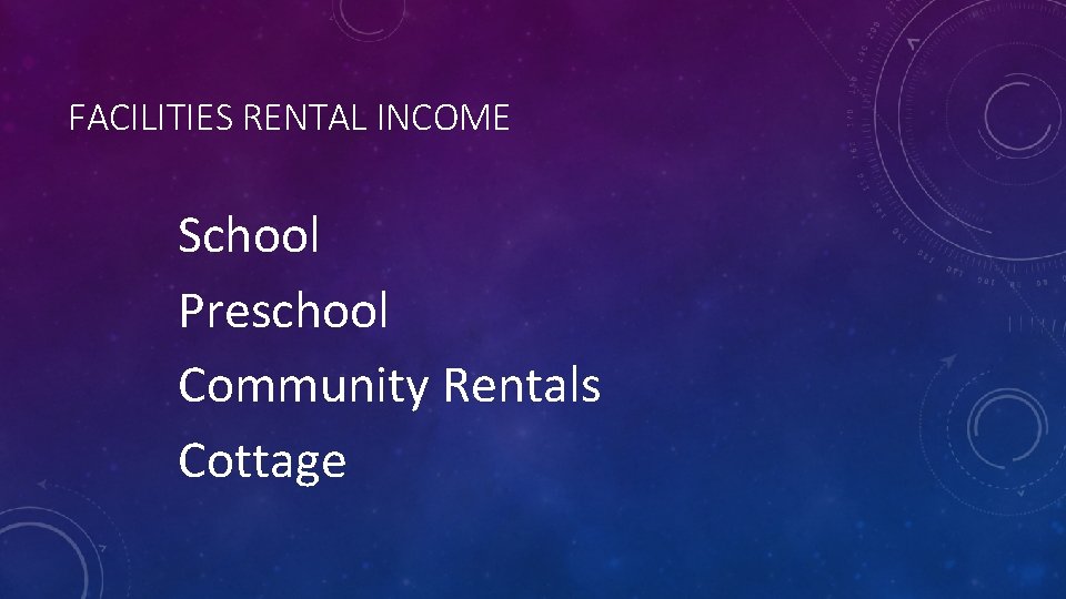 FACILITIES RENTAL INCOME School Preschool Community Rentals Cottage 