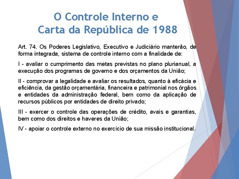 O Controle Interno e Carta da República de 1988 Art. 74. Os Poderes Legislativo,