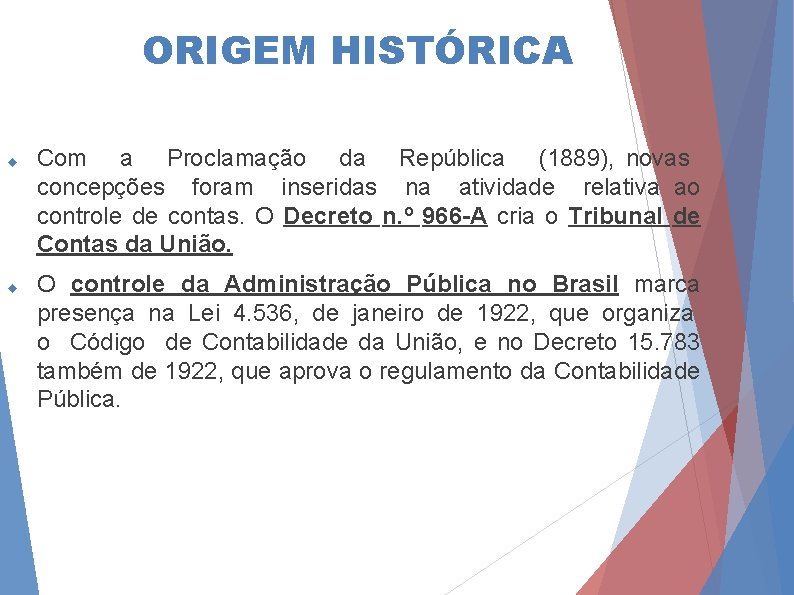ORIGEM HISTÓRICA Com a Proclamação da República (1889), novas concepções foram inseridas na atividade