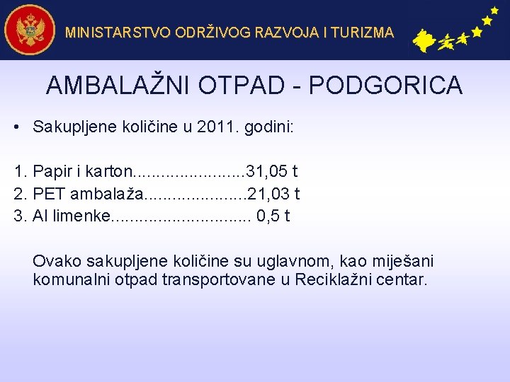 MINISTARSTVO ODRŽIVOG RAZVOJA I TURIZMA AMBALAŽNI OTPAD - PODGORICA • Sakupljene količine u 2011.