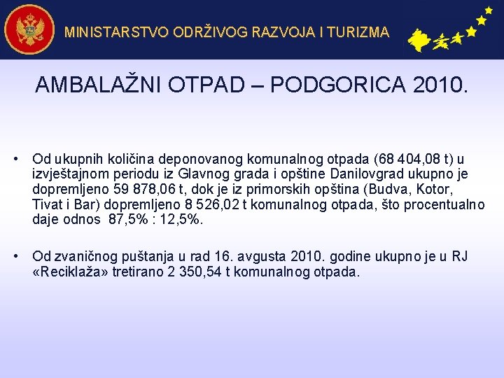 MINISTARSTVO ODRŽIVOG RAZVOJA I TURIZMA AMBALAŽNI OTPAD – PODGORICA 2010. • Od ukupnih količina