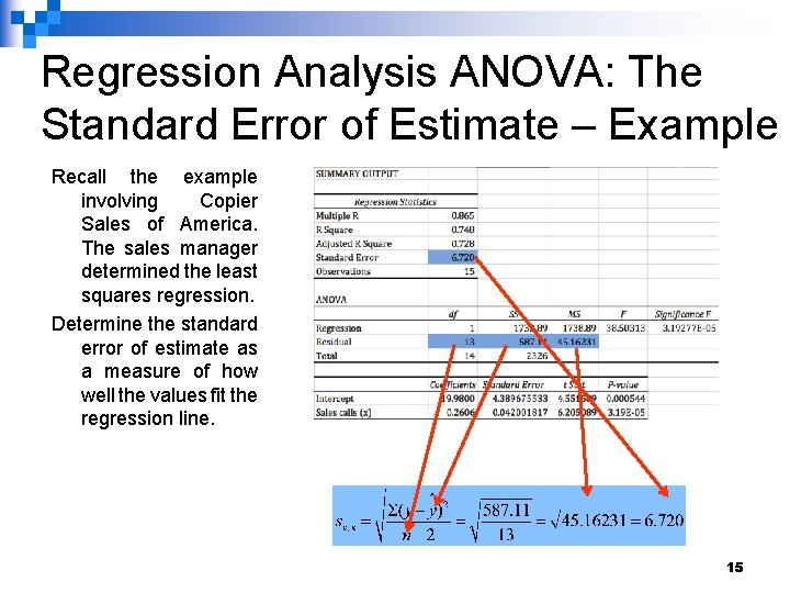 Regression Analysis ANOVA: The Standard Error of Estimate – Example Recall the example involving