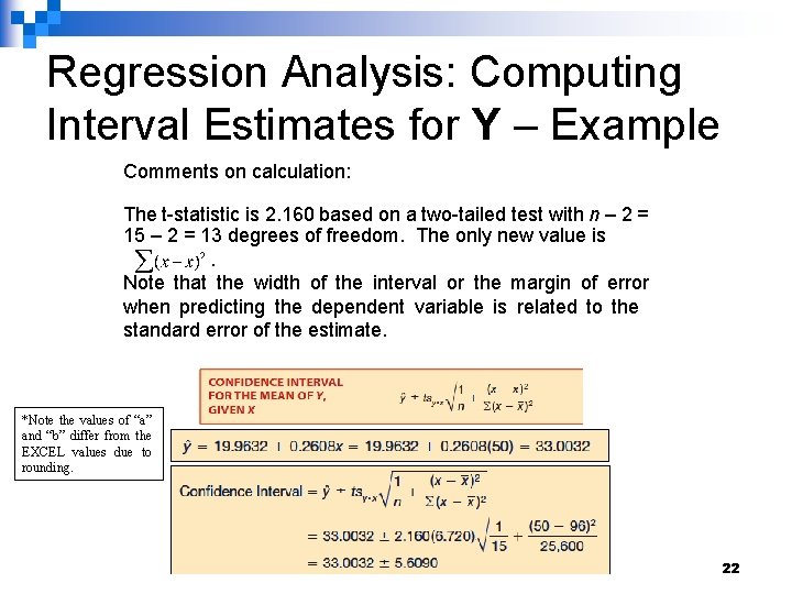 Regression Analysis: Computing Interval Estimates for Y – Example Comments on calculation: The t-statistic