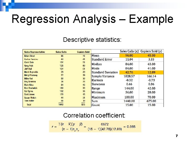 Regression Analysis – Example Descriptive statistics: Correlation coefficient: 7 