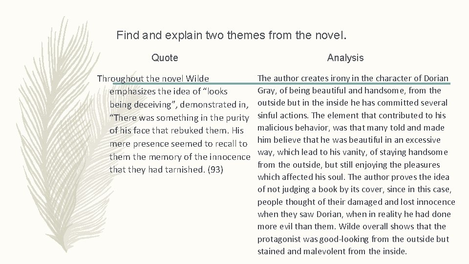 Find and explain two themes from the novel. Quote Throughout the novel Wilde emphasizes