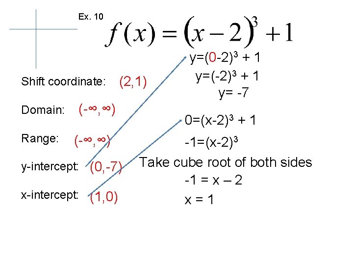 Ex. 10 Shift coordinate: Domain: Range: (2, 1) (-∞, ∞) y-intercept: (0, -7) x-intercept: