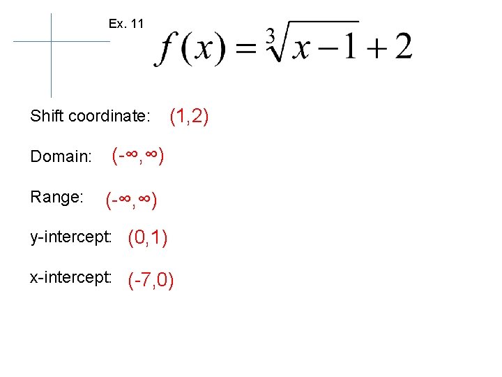 Ex. 11 Shift coordinate: Domain: Range: (1, 2) (-∞, ∞) y-intercept: (0, 1) x-intercept: