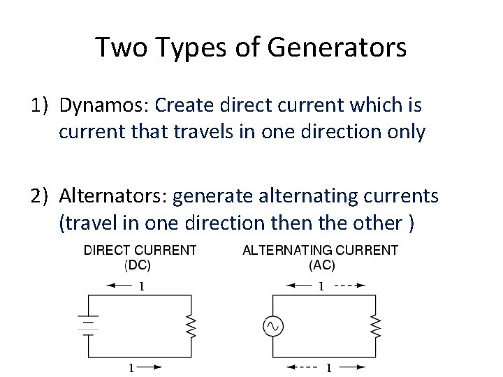 Two Types of Generators 1) Dynamos: Create direct current which is current that travels