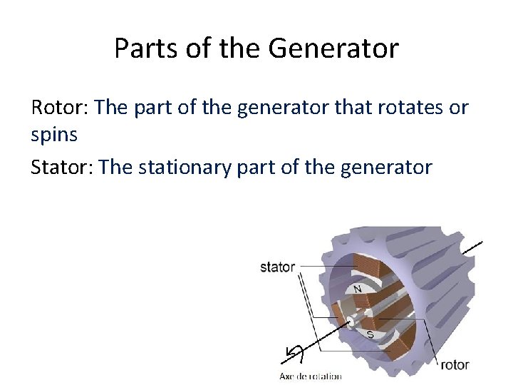 Parts of the Generator Rotor: The part of the generator that rotates or spins