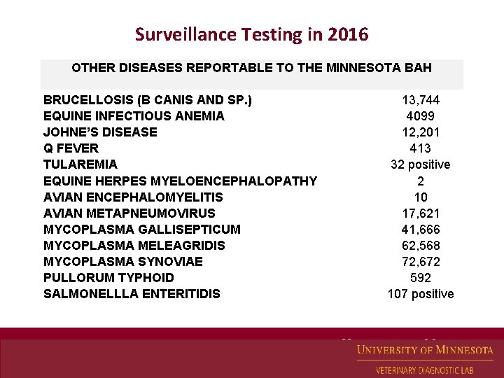 Surveillance Testing in 2016 OTHER DISEASES REPORTABLE TO THE MINNESOTA BAH BRUCELLOSIS (B CANIS Surveillance Testing in 2016 OTHER DISEASES REPORTABLE TO THE MINNESOTA BAH BRUCELLOSIS (B CANIS