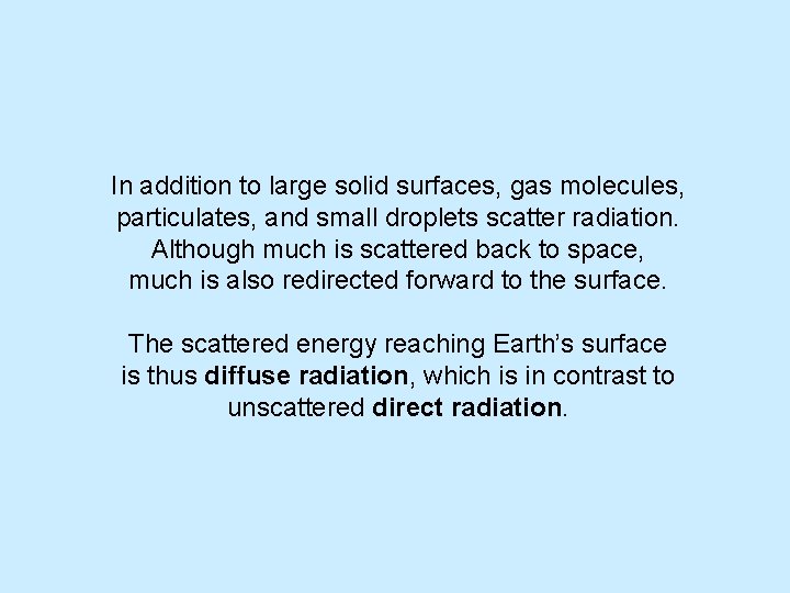 In addition to large solid surfaces, gas molecules, particulates, and small droplets scatter radiation.