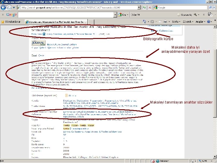 Bibliyografik künye Makaleyi daha iyi anlayabilmemize yarayan özet Makaleyi tanımlayan anahtar sözcükler 