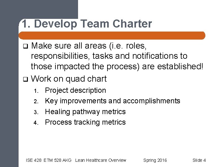 1. Develop Team Charter Make sure all areas (i. e. roles, responsibilities, tasks and
