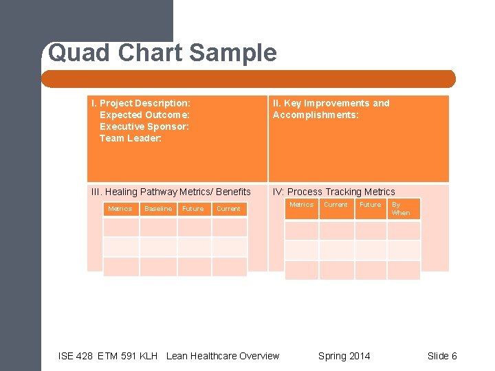 Quad Chart Sample I. Project Description: Expected Outcome: Executive Sponsor: Team Leader: II. Key