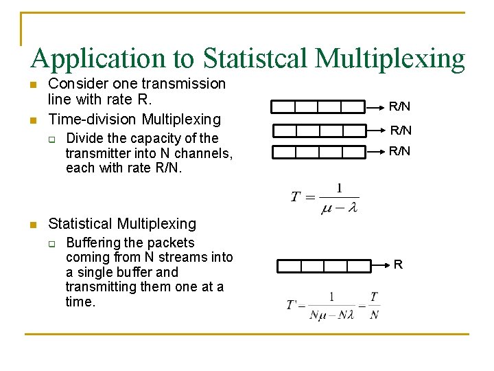Application to Statistcal Multiplexing n n Consider one transmission line with rate R. Time-division
