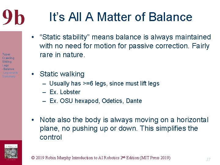 9 b Types Crawling Sliding Legs -Balance -Leg events Summary It’s All A Matter