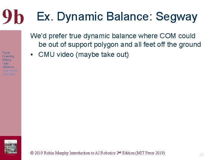 9 b Types Crawling Sliding Legs -Balance -Leg events Summary Ex. Dynamic Balance: Segway