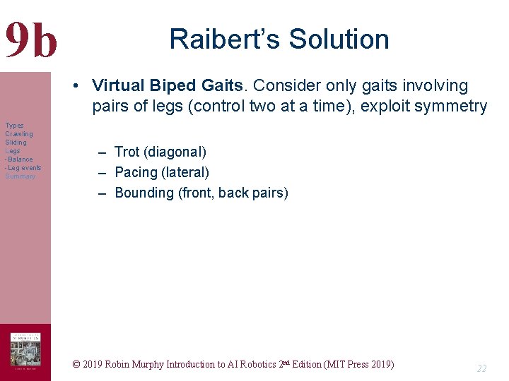 9 b Raibert’s Solution • Virtual Biped Gaits. Consider only gaits involving pairs of