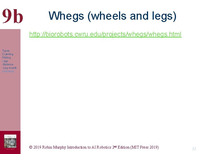 9 b Whegs (wheels and legs) http: //biorobots. cwru. edu/projects/whegs. html Types Crawling Sliding