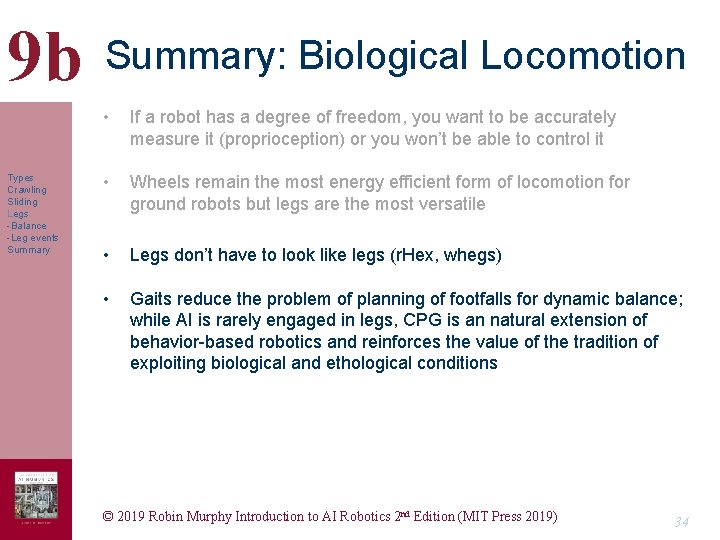 9 b Summary: Biological Locomotion Types Crawling Sliding Legs -Balance -Leg events Summary •