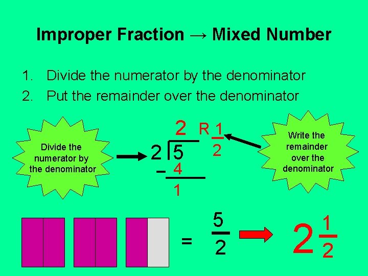 Improper Fraction → Mixed Number 1. Divide the numerator by the denominator 2. Put