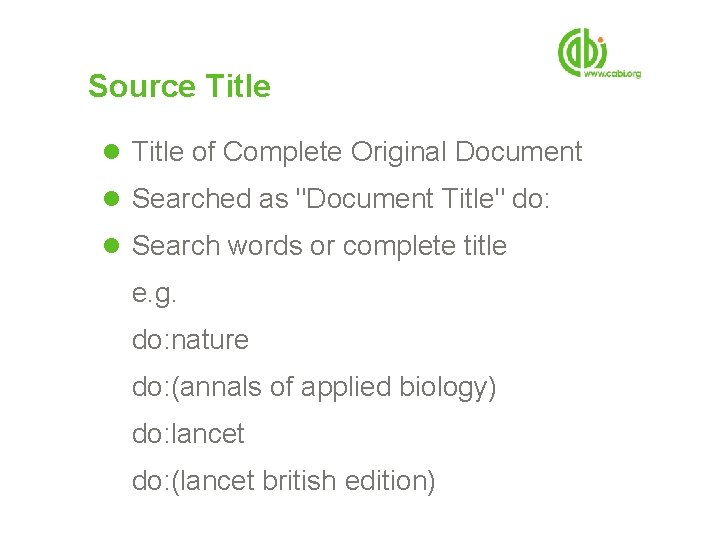 Source Title l Title of Complete Original Document l Searched as "Document Title" do: